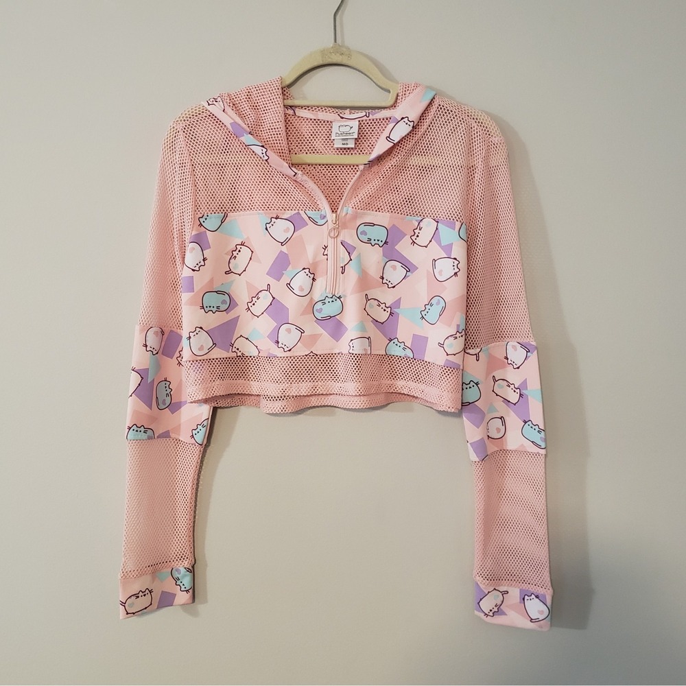 Pusheen Active Mesh Cropped Hoodie MEDIUM Novelty Cat Beachy 1/2 Zip Pink